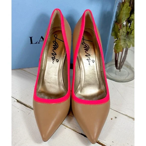 Lanvin Leather Pointed Toe Heels with Hot Pink Trim - Picture 2 of 12